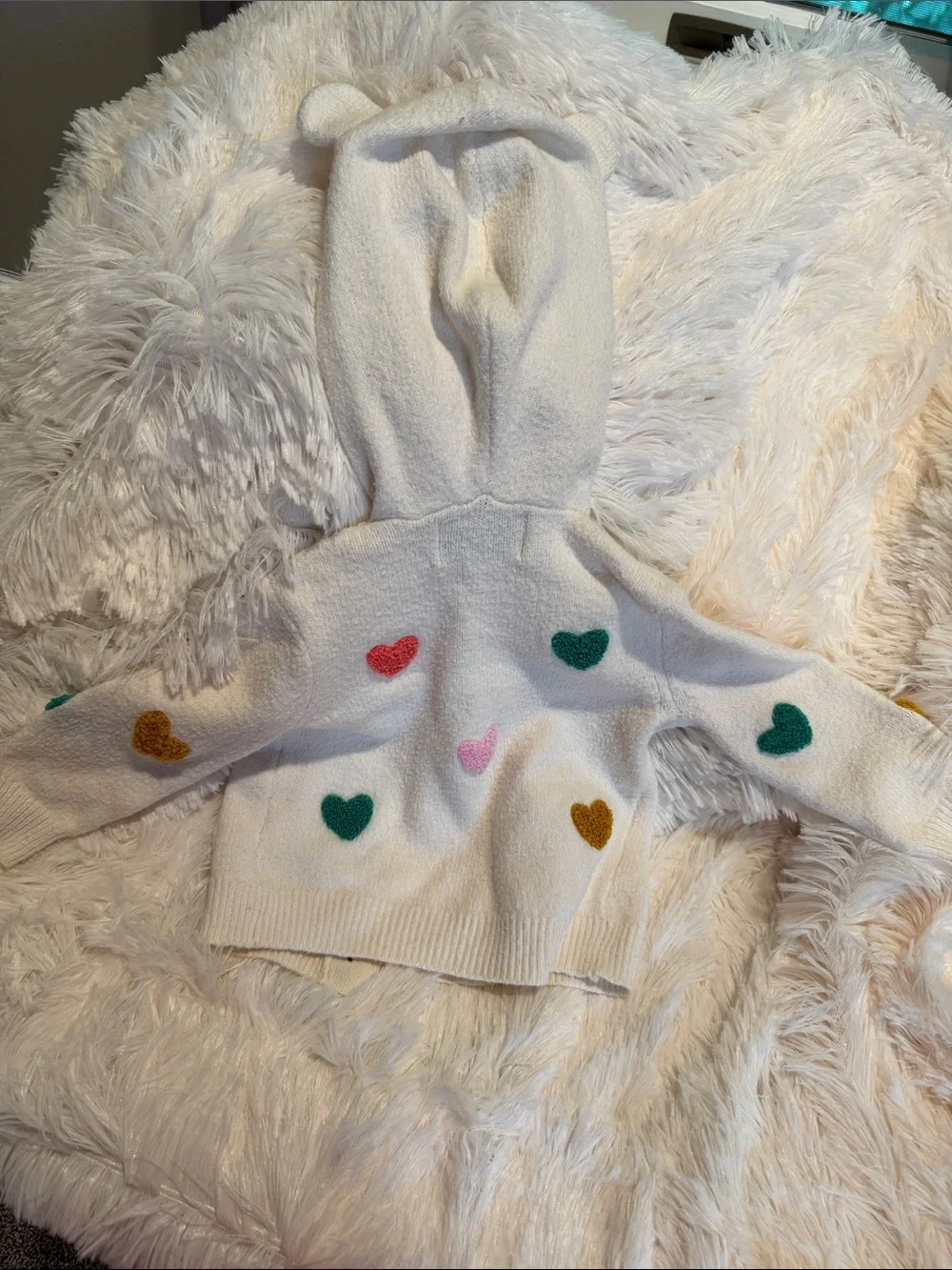 Old Navy Cream Hoodie Sweater with Colorful Heart Patches